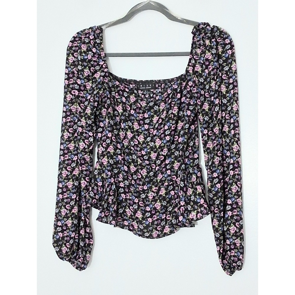 Trixxi Blouse Size Small Black Floral Long Sleeve Smocked Back Cottagecore Y2K